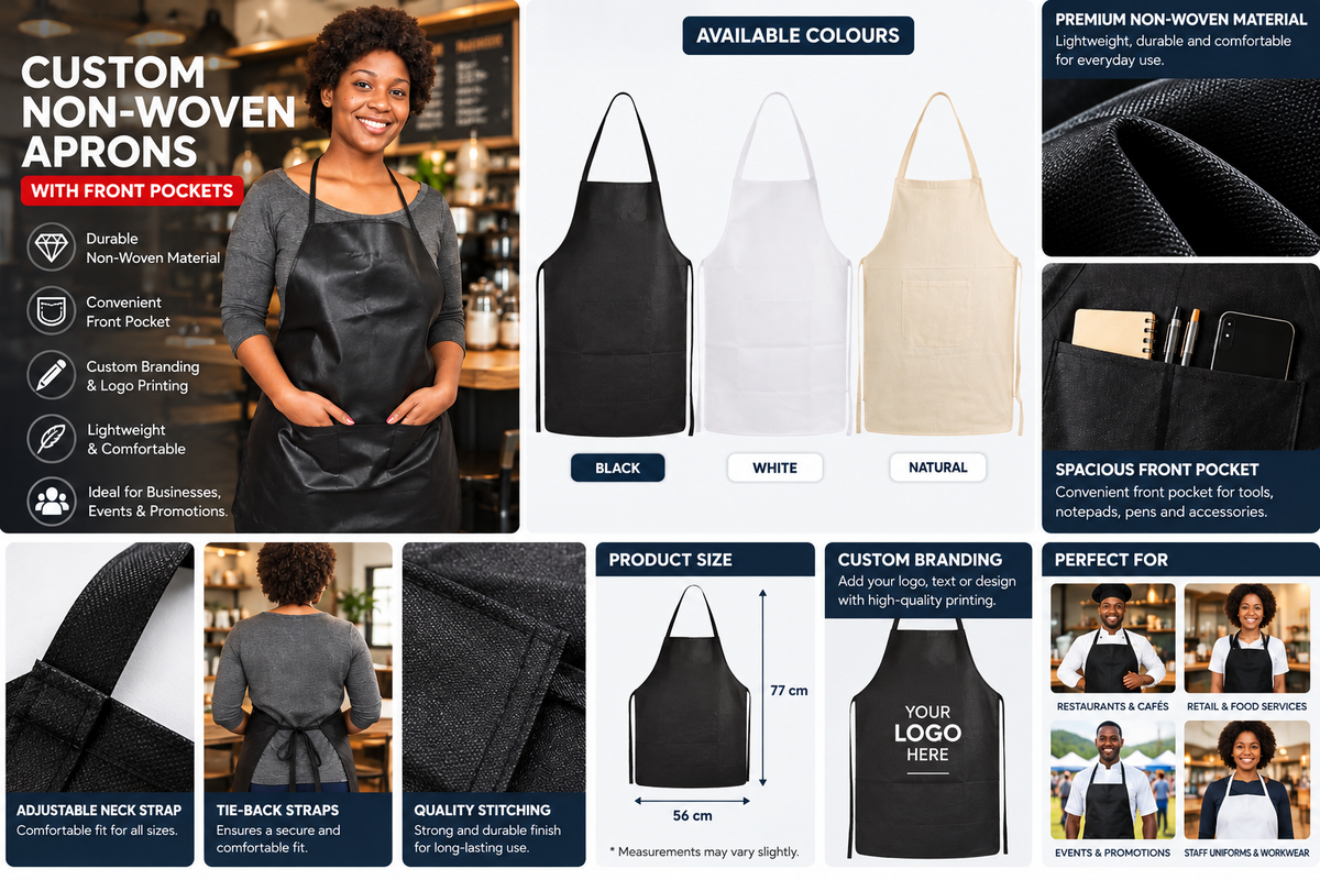 Custom non-woven apron with front pocket in black, white and natural