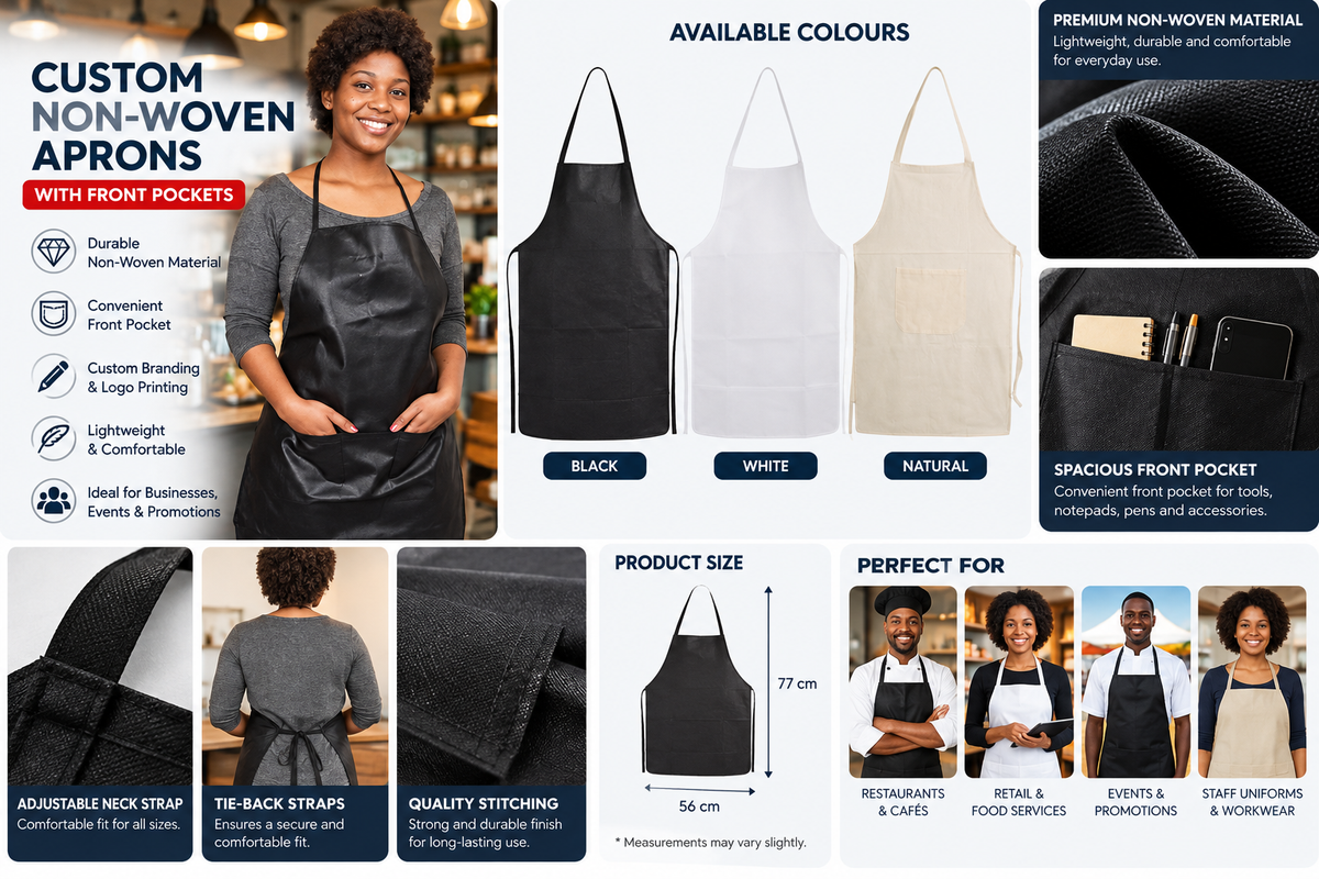 Custom branded non-woven apron with front pocket in black, white and natural